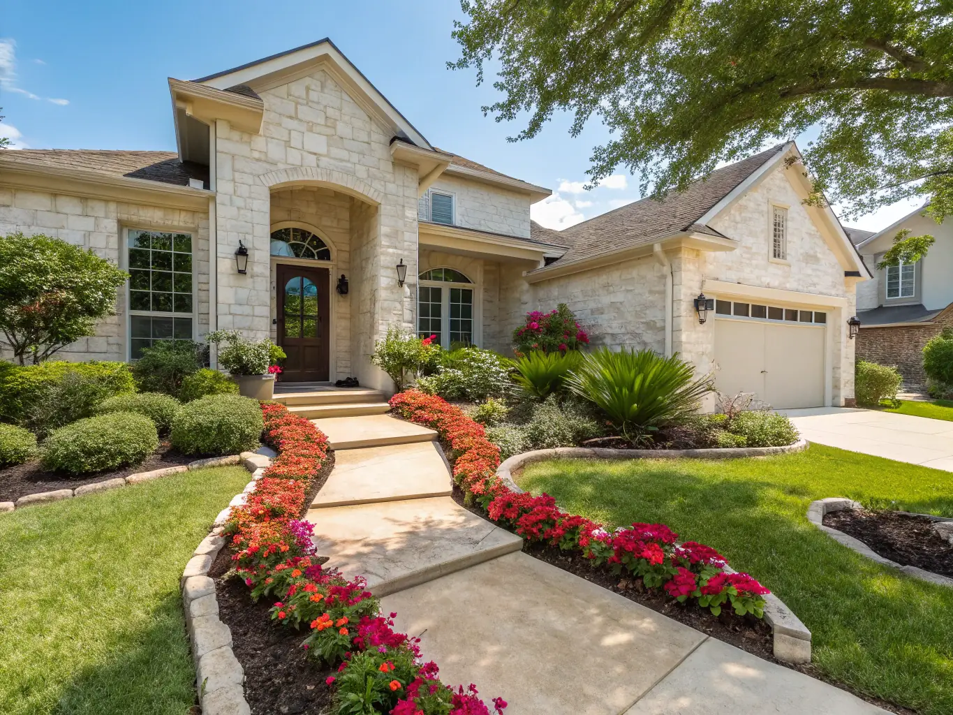 A professional photograph of a property's exterior, highlighting its curb appeal and landscaping, taken by Lucky Thunder's photography team to attract potential renters.